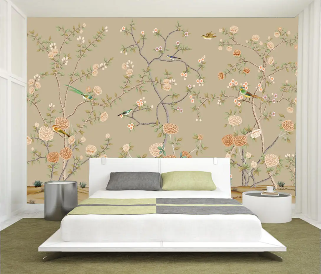 Papier peint personnalisé, style chinois dessiné au stylo, fleurs, oiseaux, pivoines, fleurs de prunier, décoration murale, fleurs, branches
