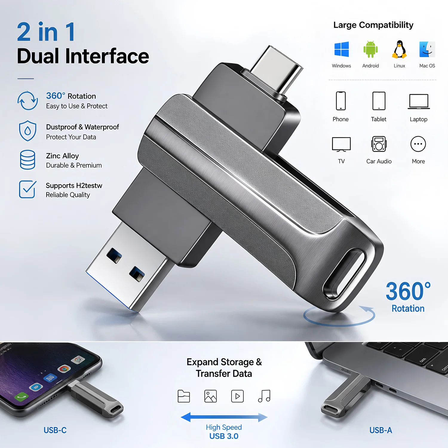 Clé USB 2.0 Type-C 2 en 1, clé USB en métal, haute vitesse, OTG, clé USB 8/16/3/64/128GB, clé USB portable, clé USB de stockage, cadeau