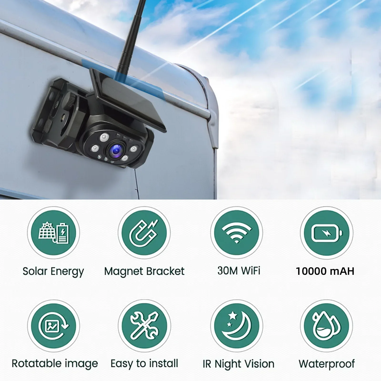 Caméra de recul magnétique sans fil à énergie solaire WiFi, téléphone portable iPhone Android avec batterie intégrée pour camping-car