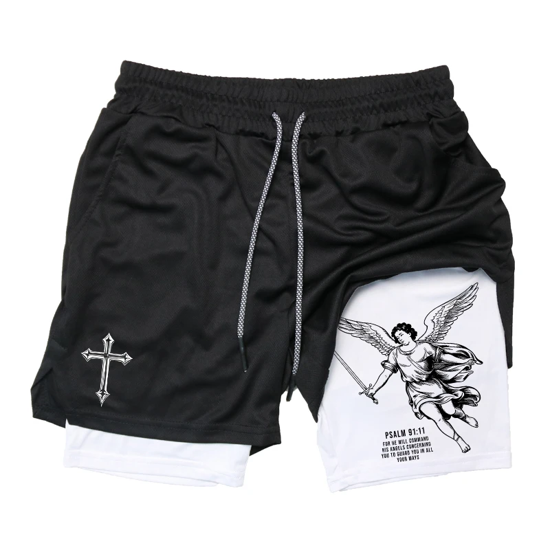 Short de sport 2-en-1 Angel Cross Graphic avec poche pour téléphone, boucle pour serviette, vêtements de sport, short de course pour hommes, short de sport à séchage rapide