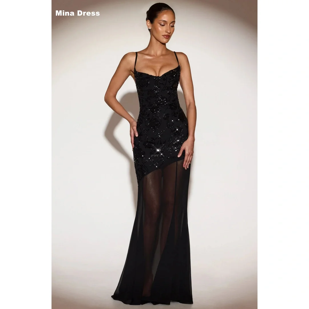 Mina Customized Black Crystal Gemstone Flowers Adjustable Straps Sleeveless Backless Opaque Prom Dress Prom Dresses 2026 Luxury