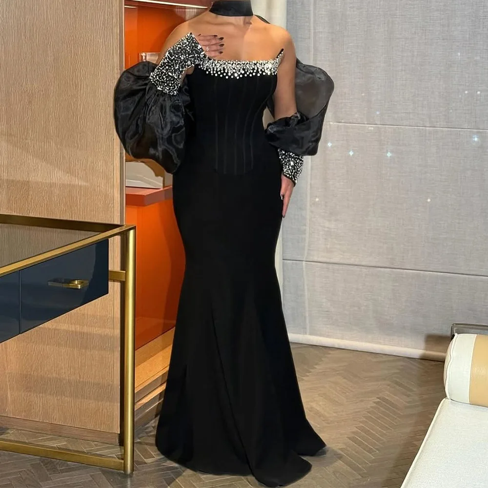 Customized Luxury Party Dresses Jersey Mermaid Evening Dress Black Strapless Rhinestones Ruched Beads Sequined Prom Dresses Long
