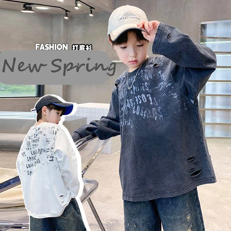 Fashion Children Goods Spring Kidswear For Boys Long Sleeve Cotton Ripped T-shirt with Hole Kids Causal Tshirt Outerwear 5-14 Y