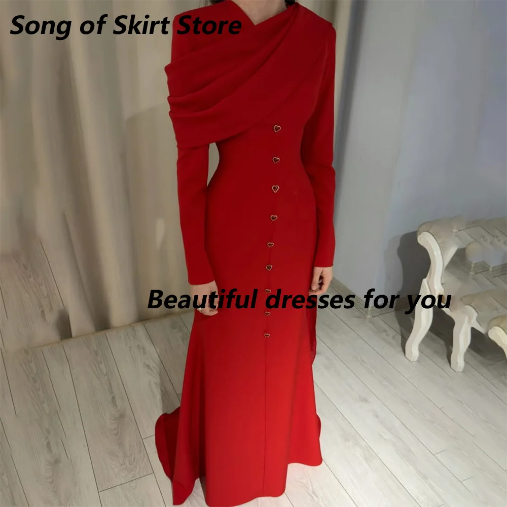 Red Formal Evening Dresses Customized V-Neck Long Sleeve Heart Buttons Mermaid Floor Length Wedding Guest Party Gown for Women
