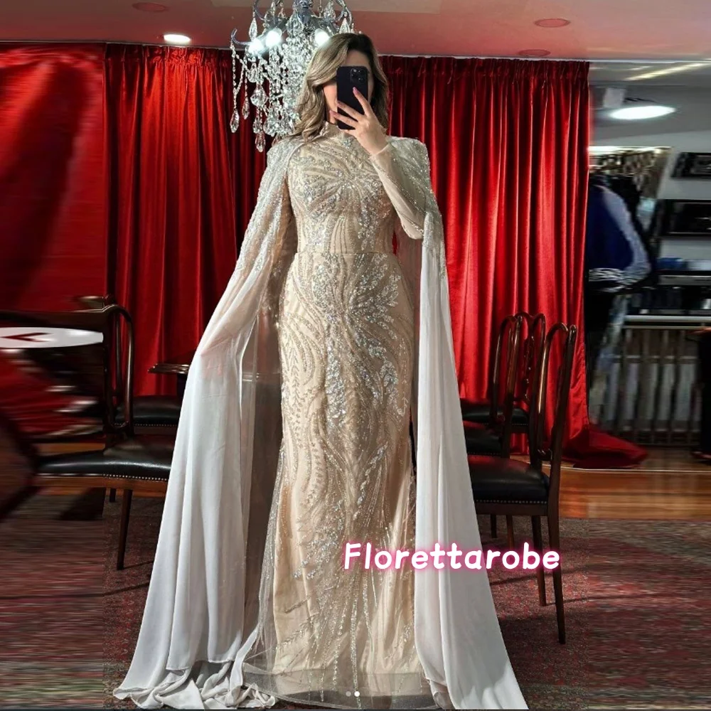 Saudi Arabic Luxury Mermaid Evening Dress With Beaded Satin Long Cape For Women Prom Gowns Customized