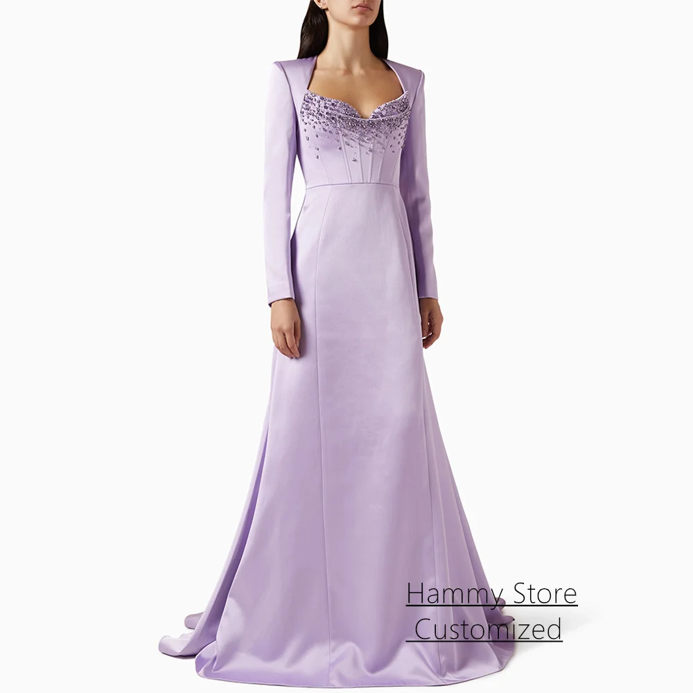 Lilac Prom Dress فساتين سهرات Customized Long Sleeves V Neck Beading Stones Formal Evening Gown Sweep Train