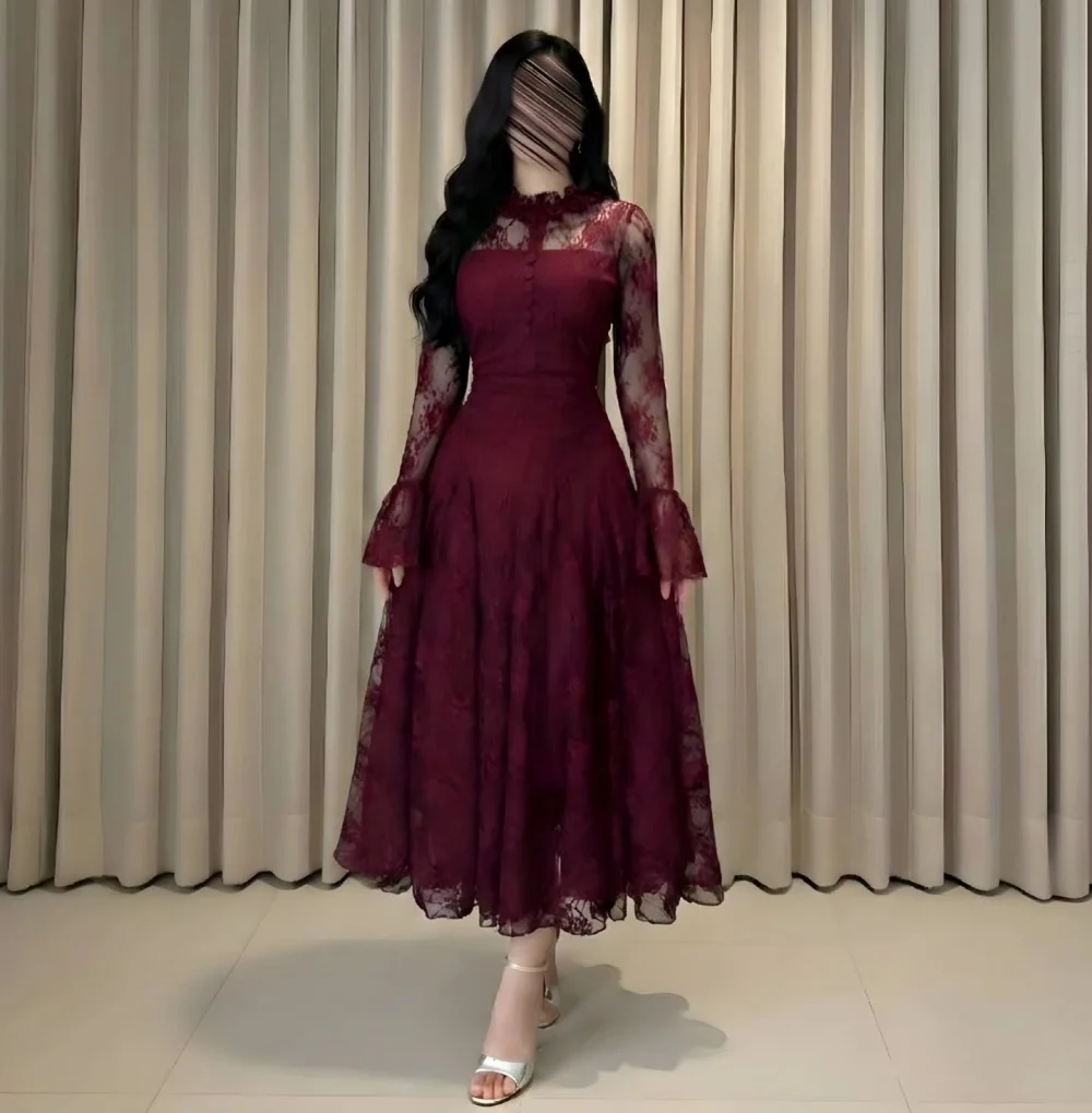 Customized Classic Long Sleeves Evening Dress Lace High Collar A-line Midi Dresses Bespoke Occasion Elegant Party Wedding Formal