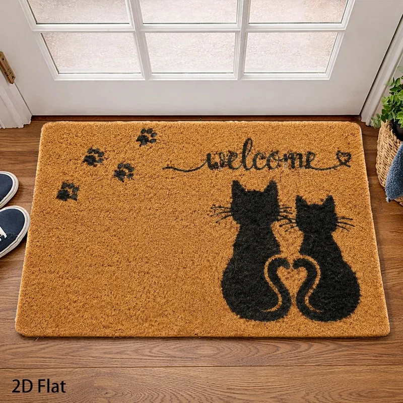 Black Cats Back Floor Mat Cute Heart Shaped Tail Welcome Mats Non Slip Entrance Rug Ground Carpet Bedroom Front Door Home Office