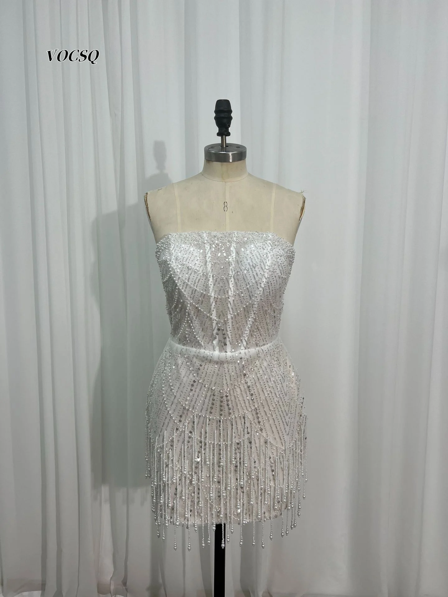 Prom Dress for Women White Sequin Beaded Fringe Strapless Short Bodycon Dress For Formal Cocktail Evening Party Customized