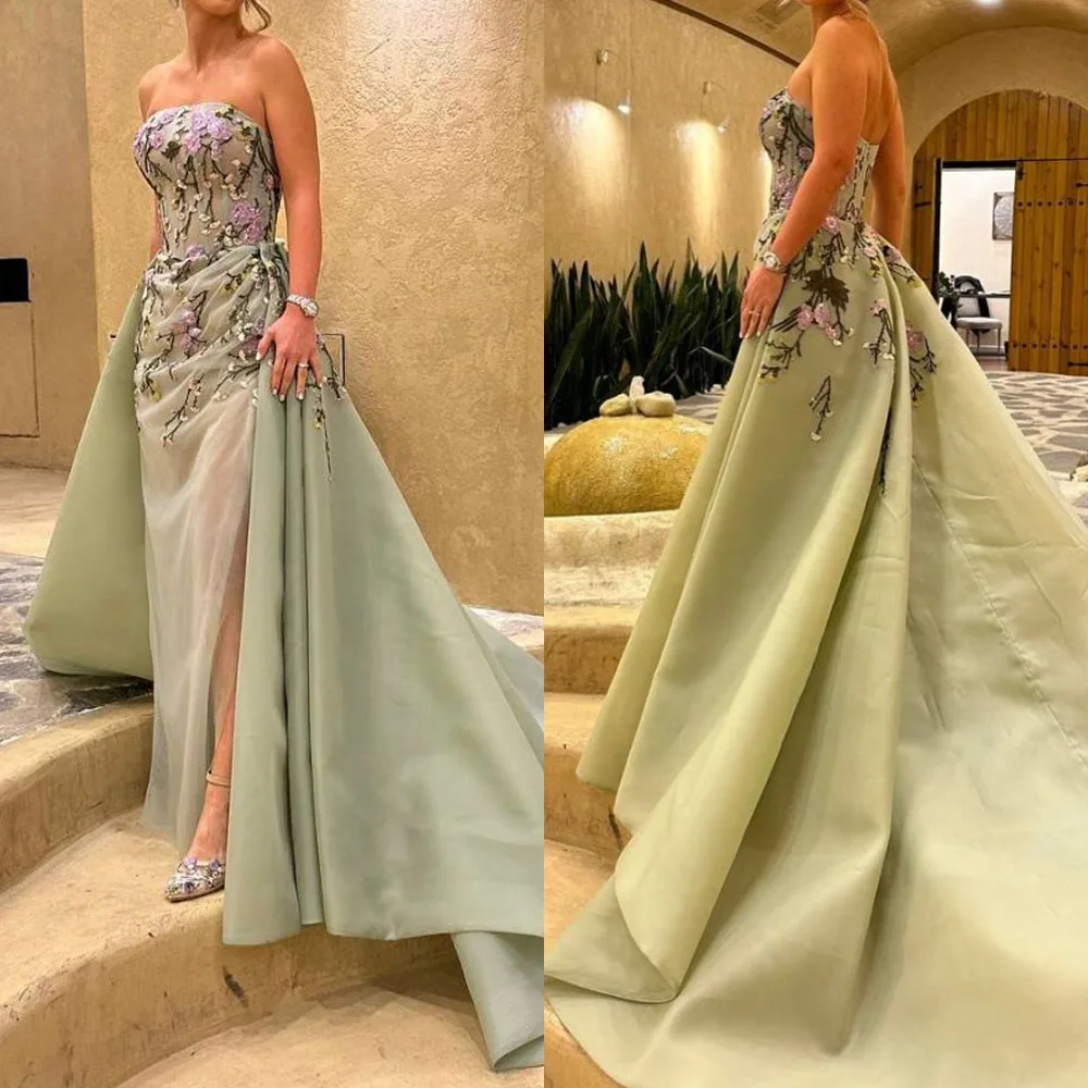 Customized High Quality Sleeveless Beaded High Fork Court Train Strapless Zipper Backless Green Prom Dresses Women Grace Evening