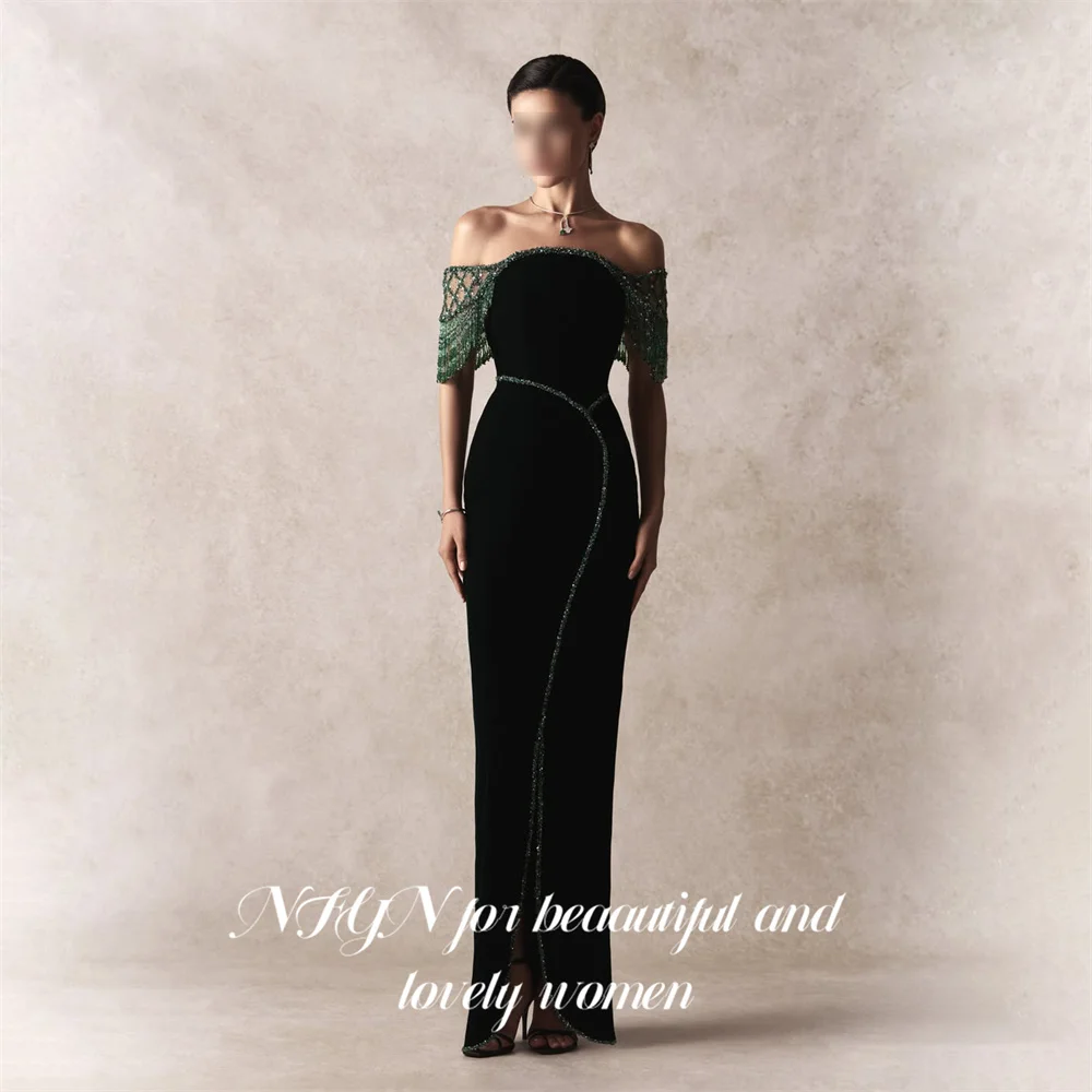 NFYN Black and Green Party Dress Off the Shoulder Short Sleeve Evening Dress Mermaid Party Gown Prom Gown for Women Customized