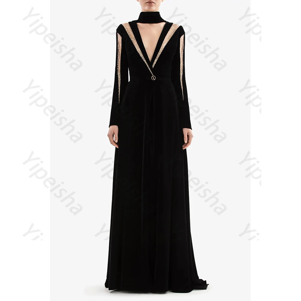 Customized Black Velour Elegant Evening Dresses V-Neck with Beads A-Line for Floor-Length for Formal Evening Vestidos De Fiesta