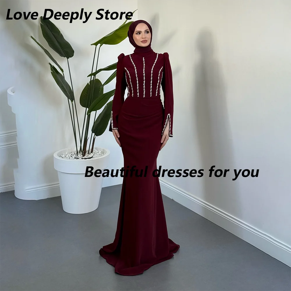 Burgundy Evening Dresses High Neck Long Sleeves Crystal Ruched Mermaid Floor Length Formal Party Gowns for Women Customized