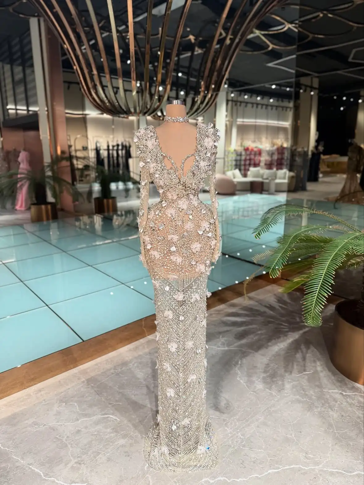 Light Champagne Illusion Mermaid Evening Dress Long Sleeve Prom Dress Luxury 3D Flower Crystal Wedding Party Dress Customized