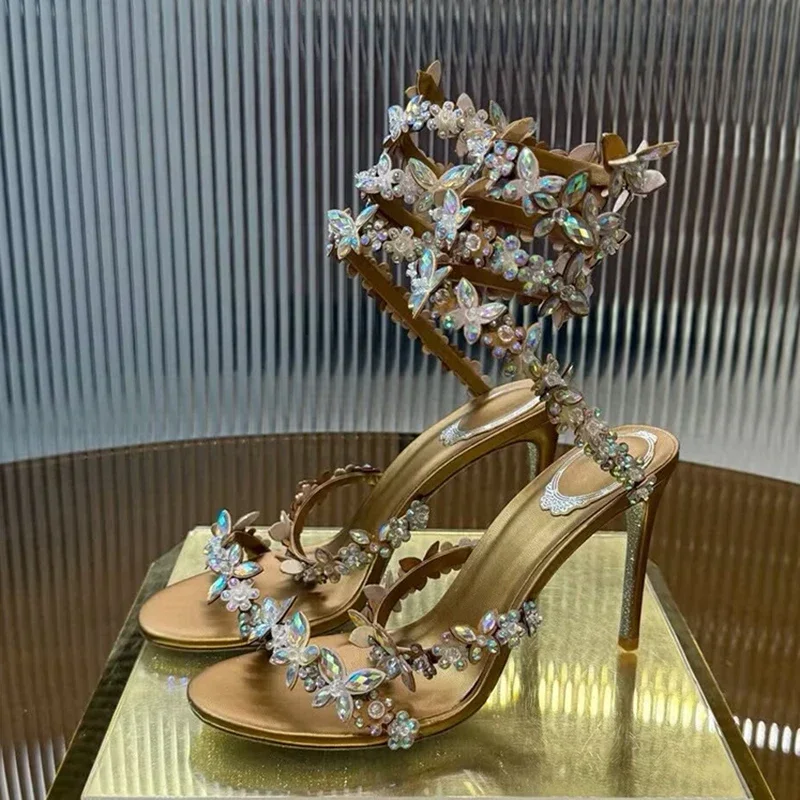 Crystal Butterfly Ankle Snake Shaped Winding Wedding Shoes Women Thin High Heels Sandals Summer Stiletto Gladiator Sandalias