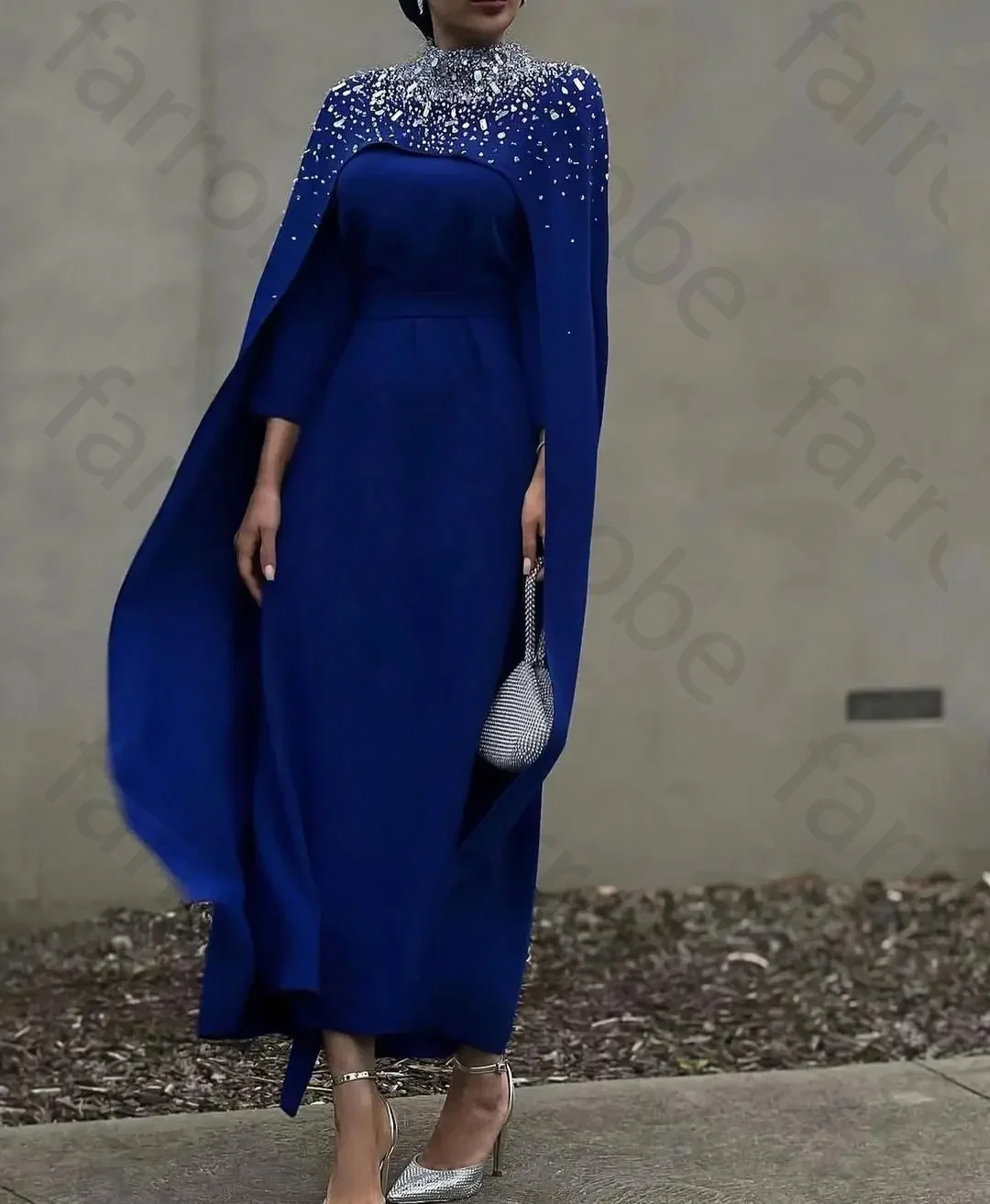 Customized Royal Blue Long Sleeves Prom Dresses with High Neck Beadings Jacket Jewel Party Gowns Ankle Length Evening Dress