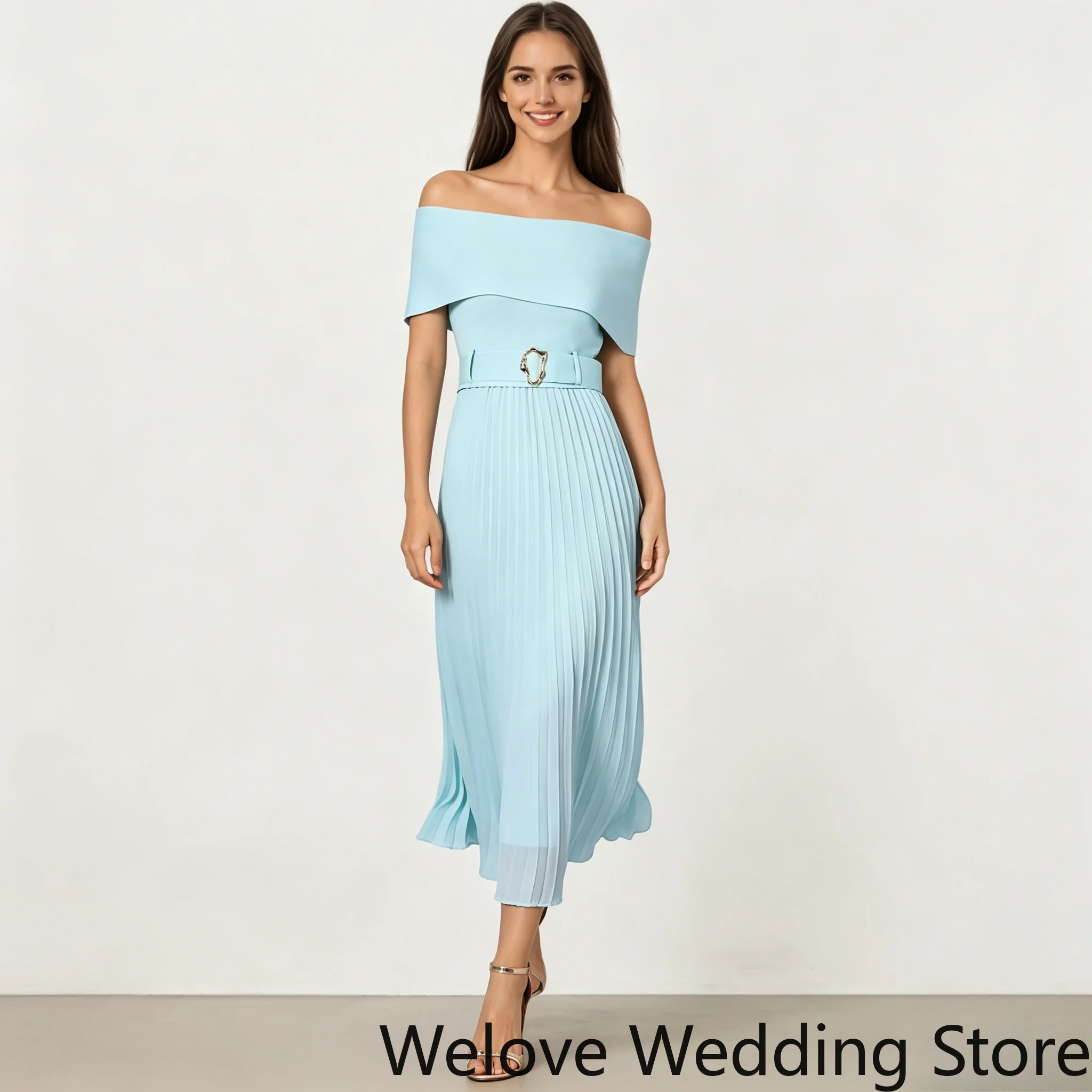Customized Chic Light Blue Midi Dress Featuring an Off-the-Shoulder Neckline, Decorative Buckle Belt, and Pleated Skirt