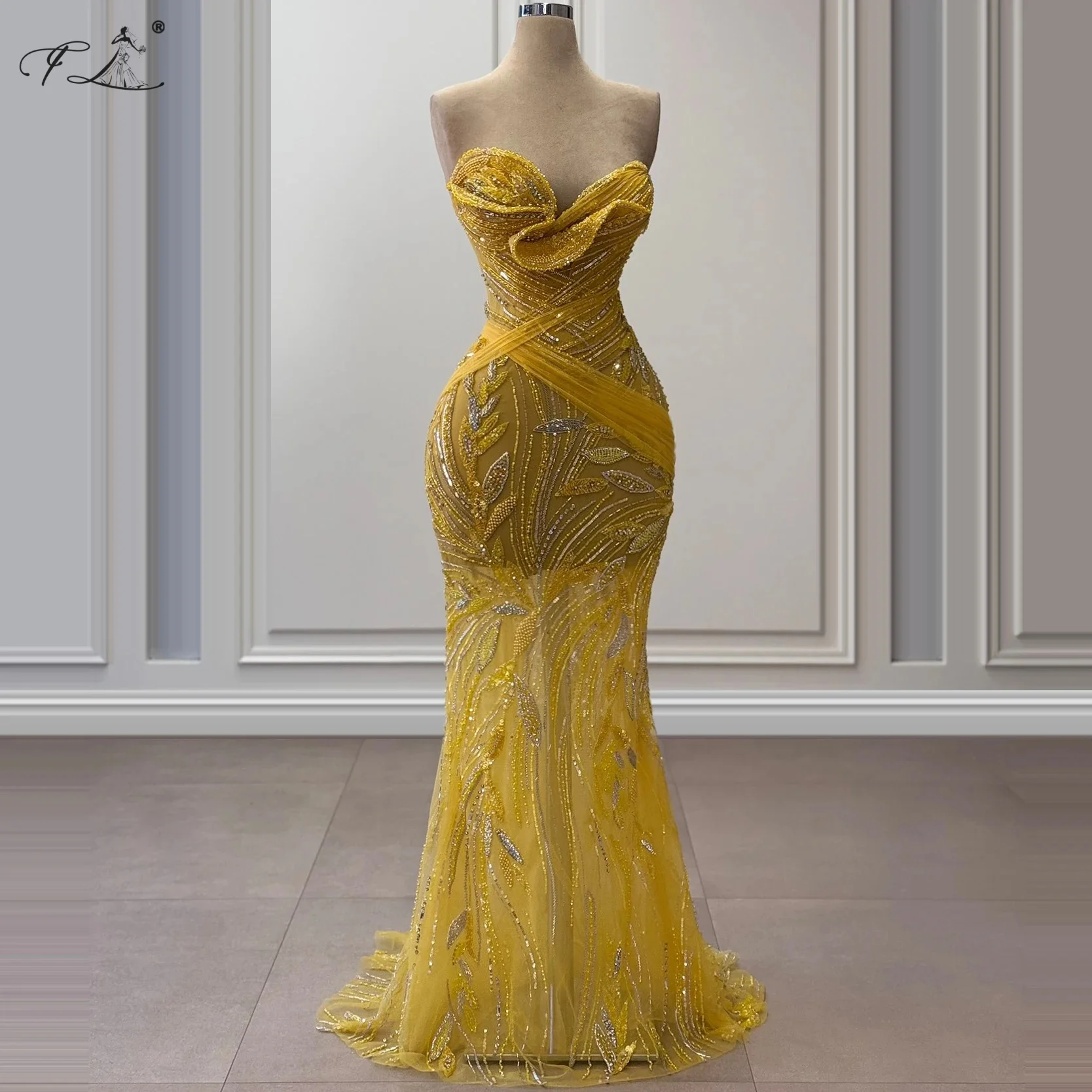 Yellow Mermaid Evening Dress Sequin Beaded Sheer Lace Trim Long Ball Gown Party Cocktail Events and Formal Prom Dresses 2025