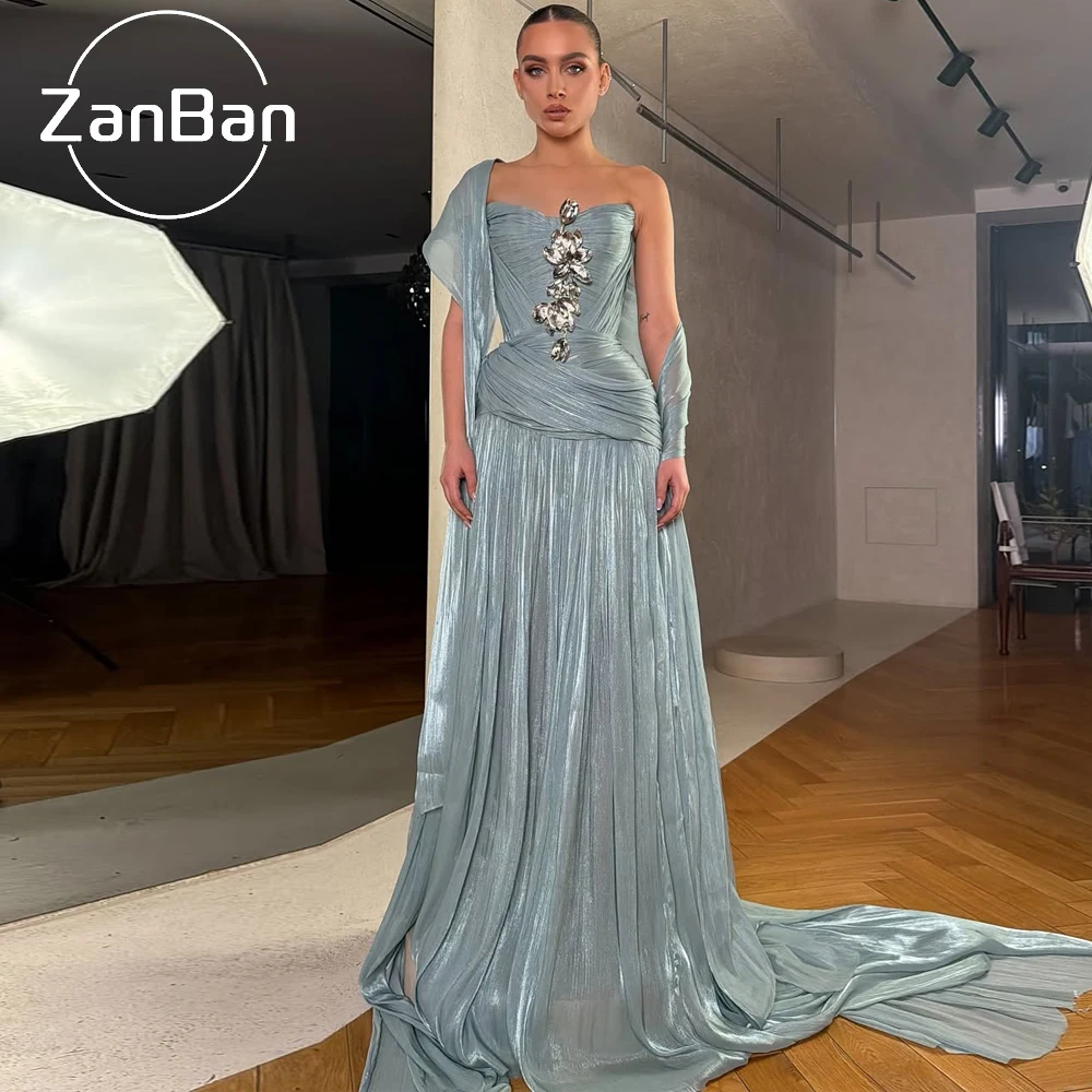 ZanBan Modern New Blue Pleated Evening Gown Sweetheart Crystal Embellished Maxi Dress Train Luxury Formal Party Dress Customized