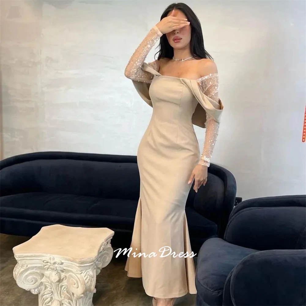 Mina Customized Full Sleeve Luxurious Women's Evening Dresses for Special Occasions Off-shoulder Sequins Ankle-wise Prom Dress
