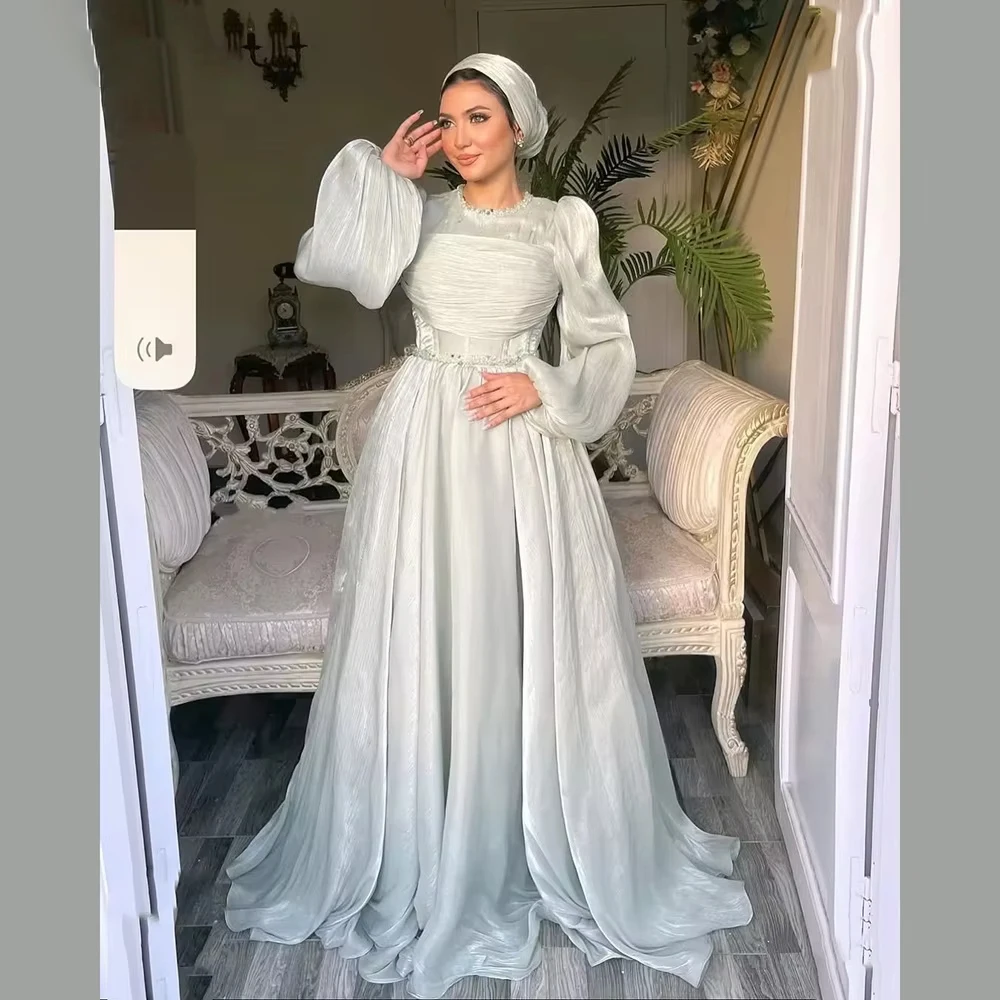 2026 A-Line Prom Gown Crew Neck Puff Sleeves Saudi Arabic Crepe Sequins Beads Luxury Party Dress Modeat Evening Dress Customized
