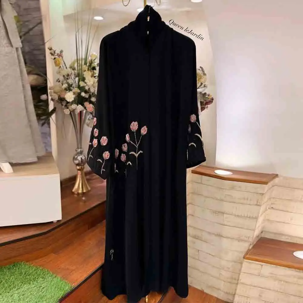 Customized Elegant Tulip Flower Embroidery Abaya for Muslim Women Beading A Line Kaftan Dubai Islamic Black Evening Gown