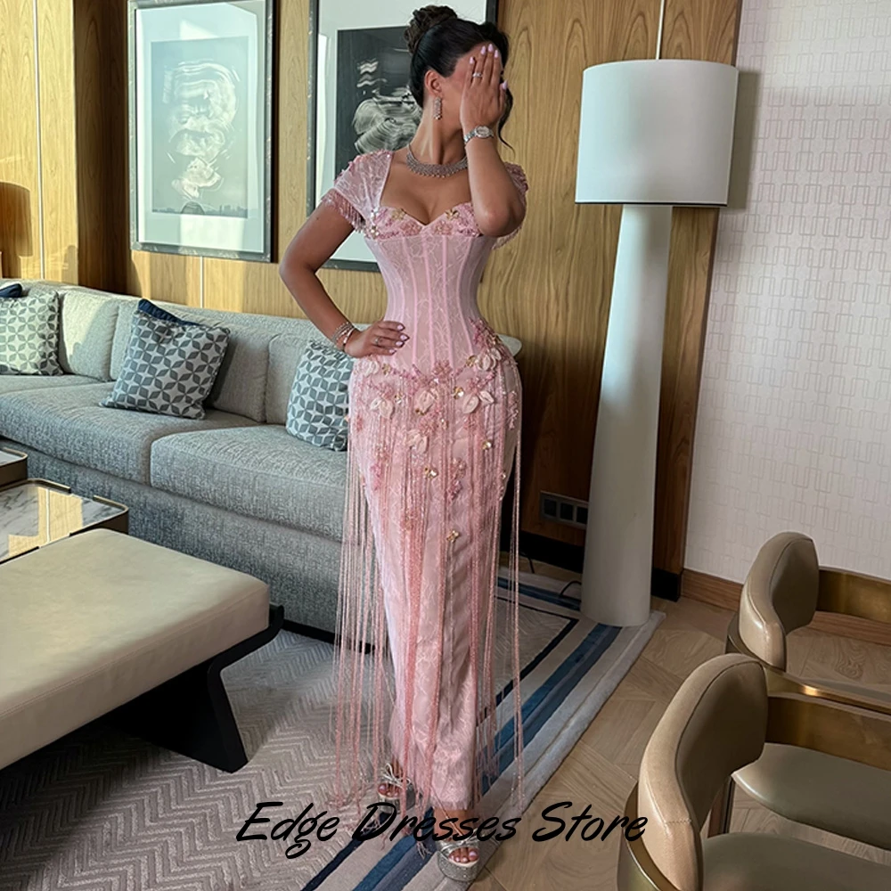 High Quality Lace Evening Dresses Customized Mermaid Short Sleeves Homecoming Dress Exquisite Appliques and Tassel Prom Gowns