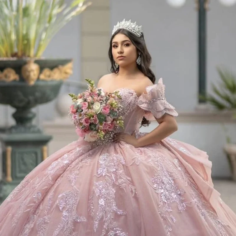 Customized Pink Quinceanera Dresses Off the Shoulder Sequin Applique Flower Beading Long Tail Bow Vestido 15 Quinceanera