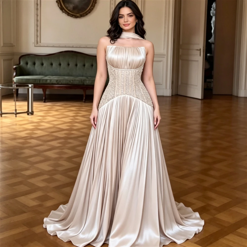 Customized Champagne Halter Satin Evening Dress Pearl Beaded Corset Pleated Ruched Luxury Formal Gown For Wedding Guest Dress