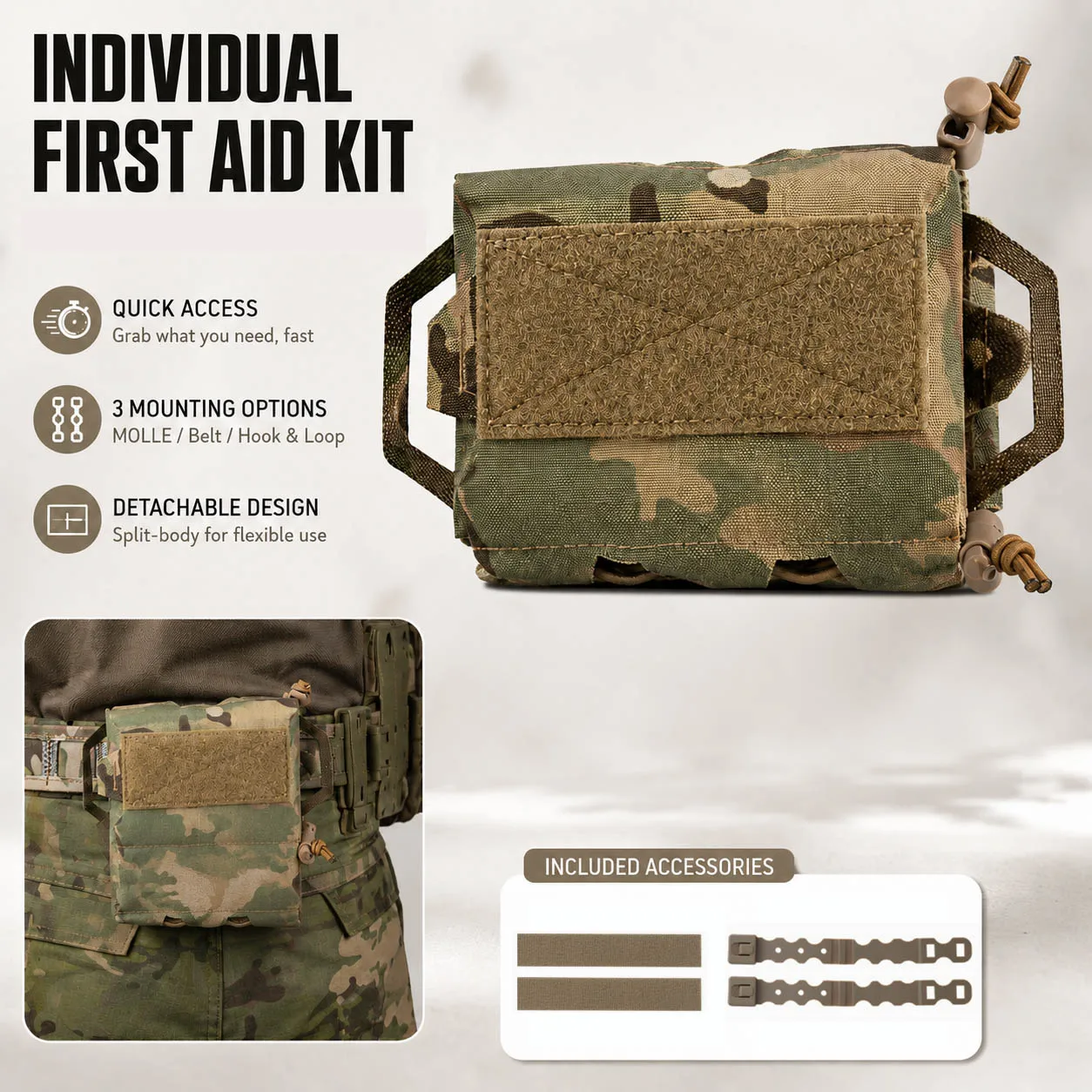 Pochette tactique IFAK, trousse de premiers soins individuelle modulaire avec 3 options de fixation, équipement médical d