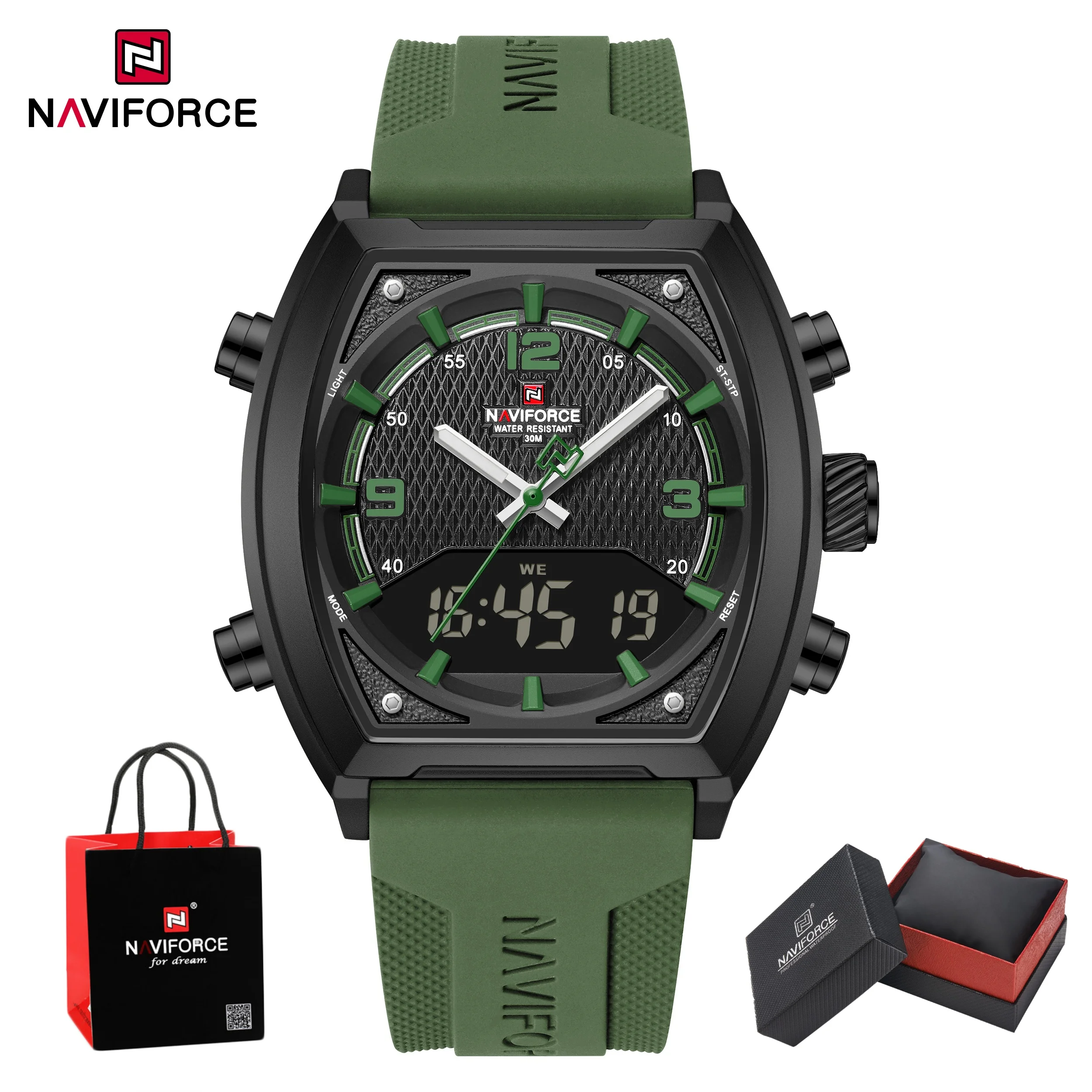Montre NAVIFORCE pour homme à double affichage, étanche 3ATM, lumineuse, bracelet en silicone souple, montre sport décontractée pour homme, coffret cadeau
