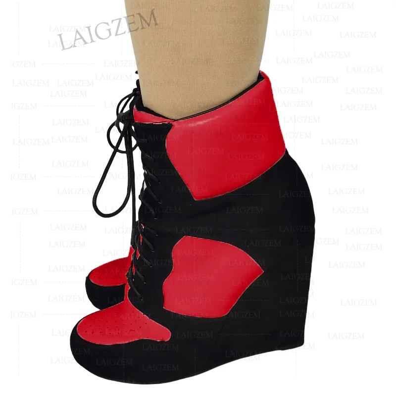 Zhima Frauen Stiefeletten Keile runde Zehen Schnürung Patchwork High Heels Stiefeletten hand gefertigte Damenschuhe Frau Größe 41 43 50 52