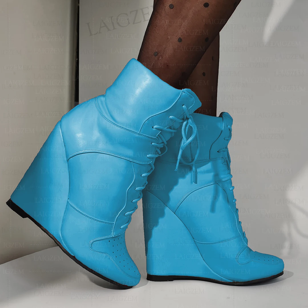 Laigzem Frauen Stiefeletten Keile Schnürung Kunstleder High Heels kurze Stiefeletten hand gefertigte Damenschuhe Frau Größe 41 43 45 52