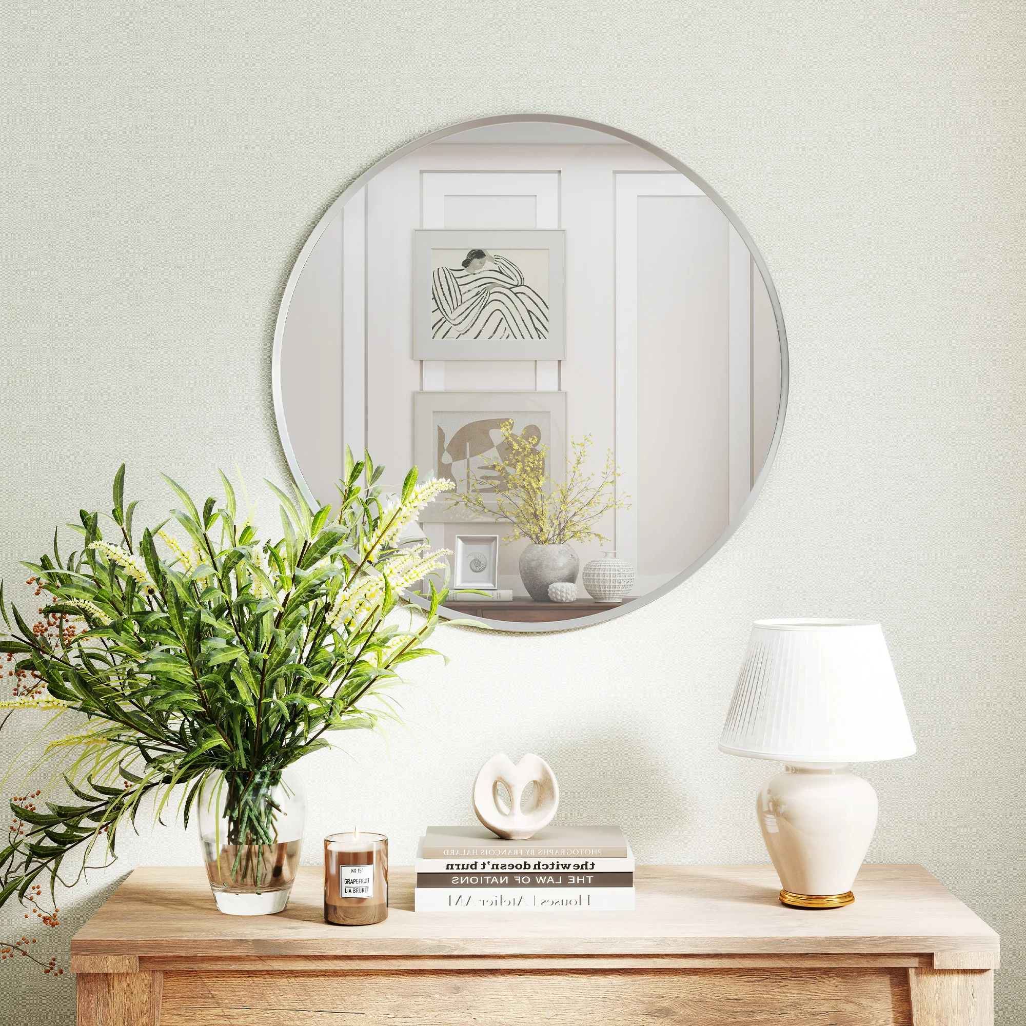 HOMCOM Wandspiegel, 61 x 61 cm Rund Badspiegel mit Aluminiumlegierungrahmen, dekorative Spiegel für Bad, Wohnzimmer, Schlafzimmer, Silber