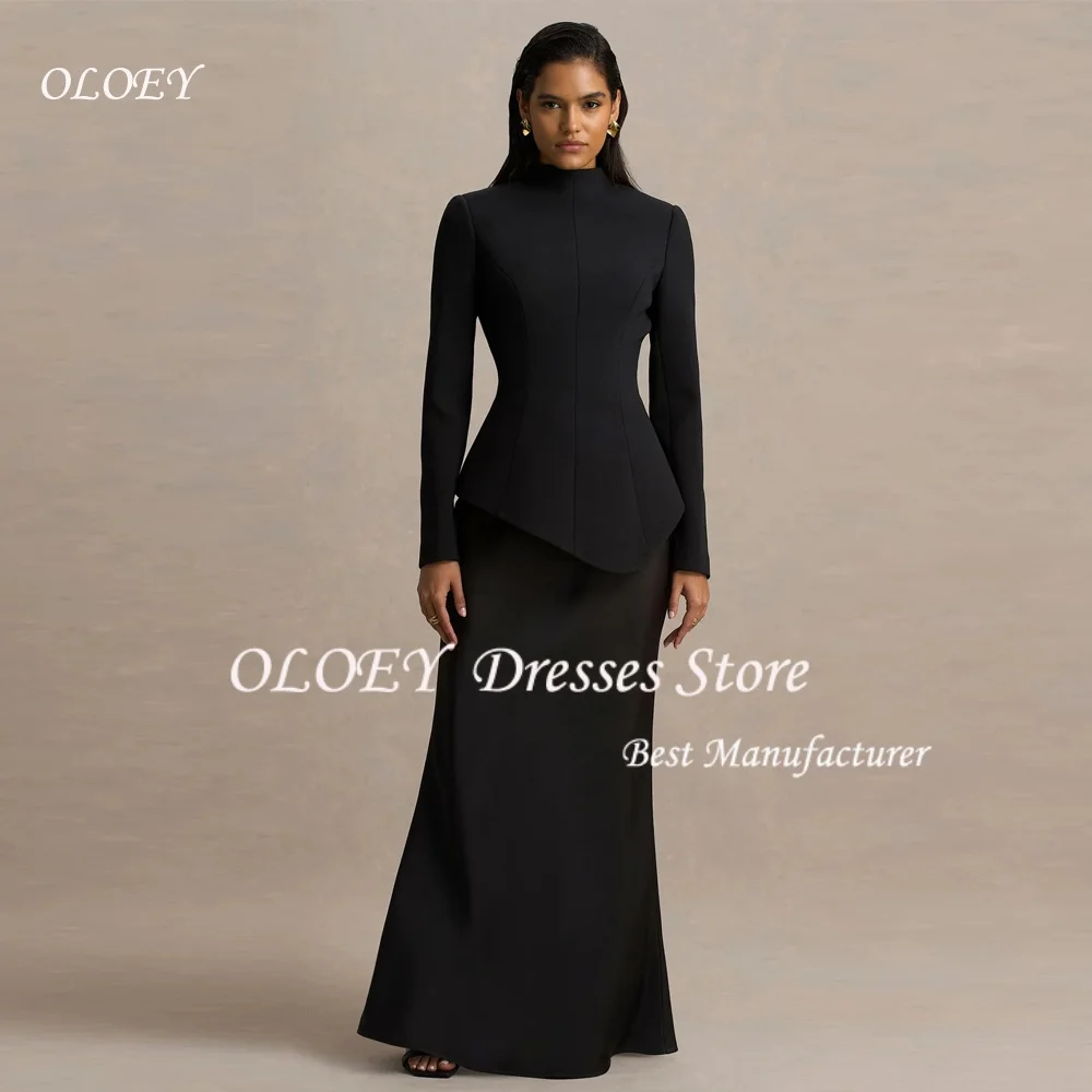 OLOEY Gorgeous Saudi Arabian Ivory High Neck Custom Satin Wedding Dress 2026 Muslim Women's Formal Party Black Long Sleeve Gown