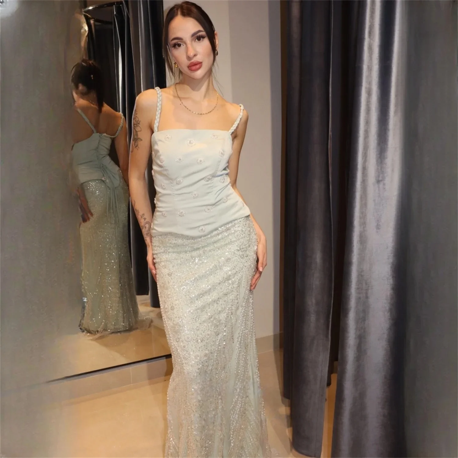 Sparkly Beaded Long Bespoke Occasion Gown Evening Dresses Prom Pastrol Unisex Jersey Retro Dubai Saudi Arabic Customized