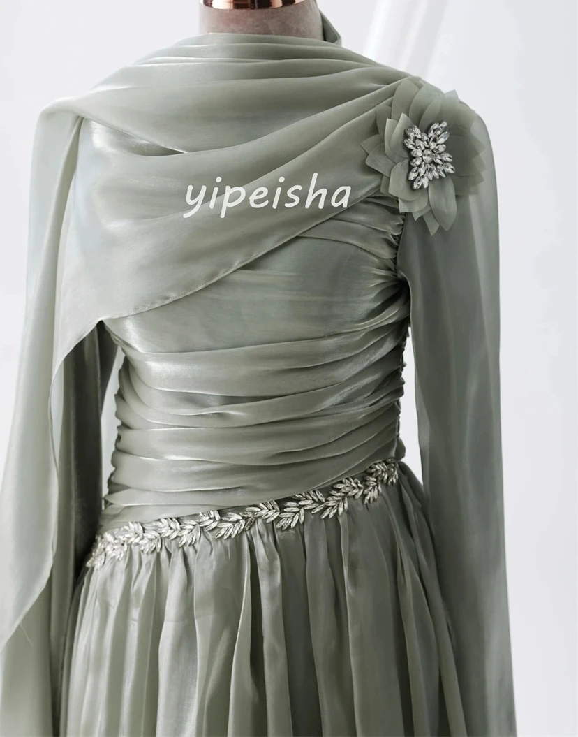 Customized Formal Women Rhinestone Handmade Flower A-Line Evening Dress Fashion High Collar Long Sleeves Floor Lenght Party Gown