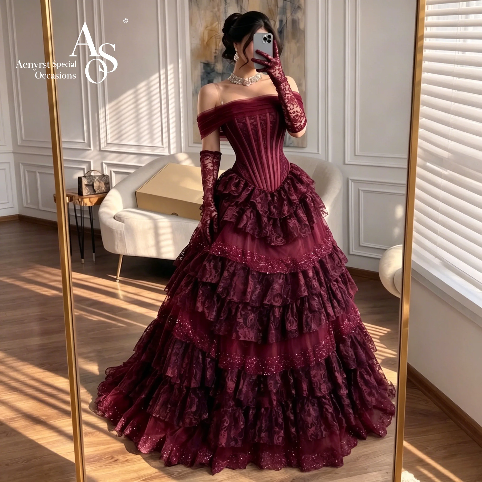 Custom-Made Burgundy Chiffon & Lace Formal Evening Gown Celebrity Inspired Style Floor Length Voluminous Skirt Exquisite Cocktai
