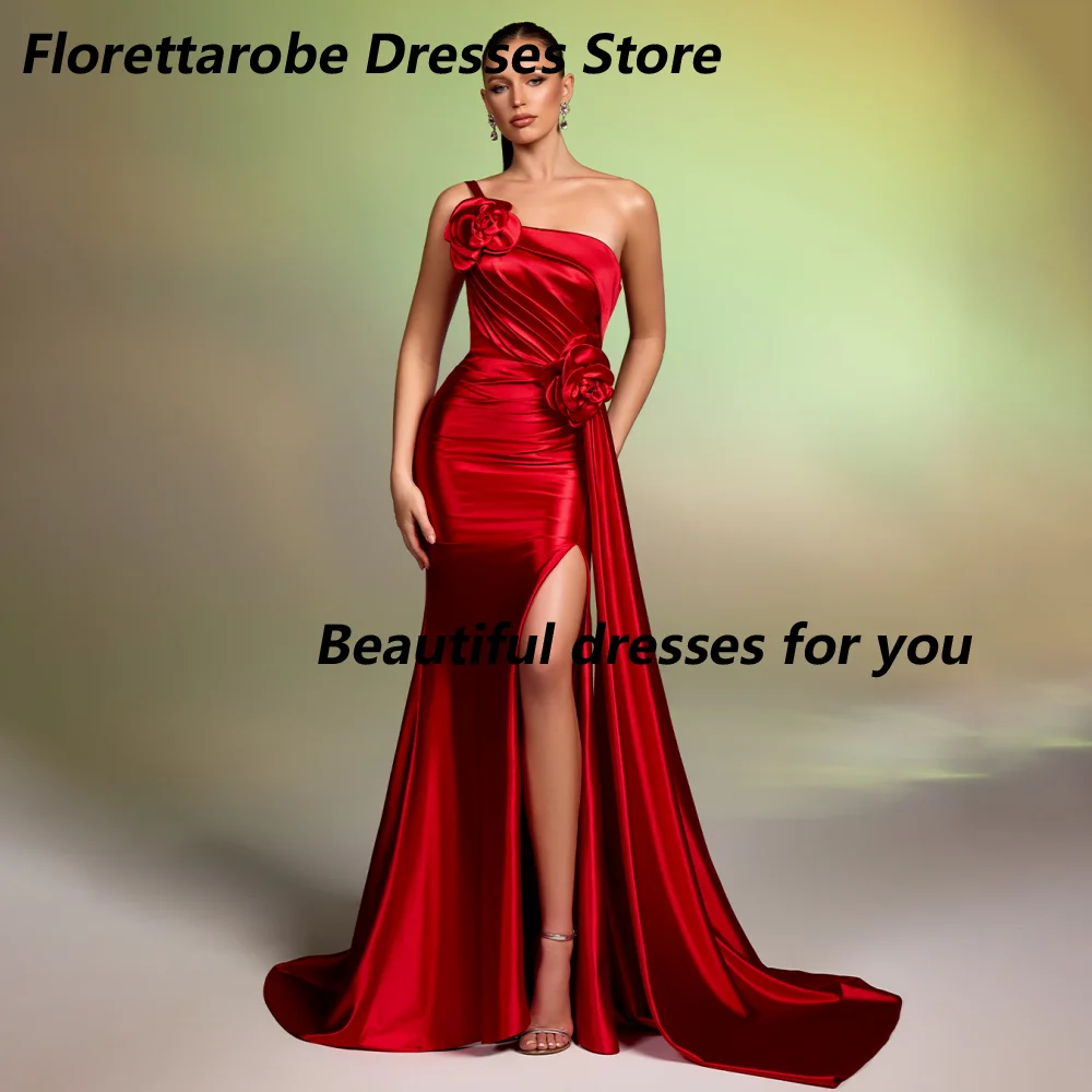 Customized Red Satin One Shoulder Handmade Flowers Mermaid Hi-Lo Evening Dresses Sleeveless Front Split Floor Length Prom Gown