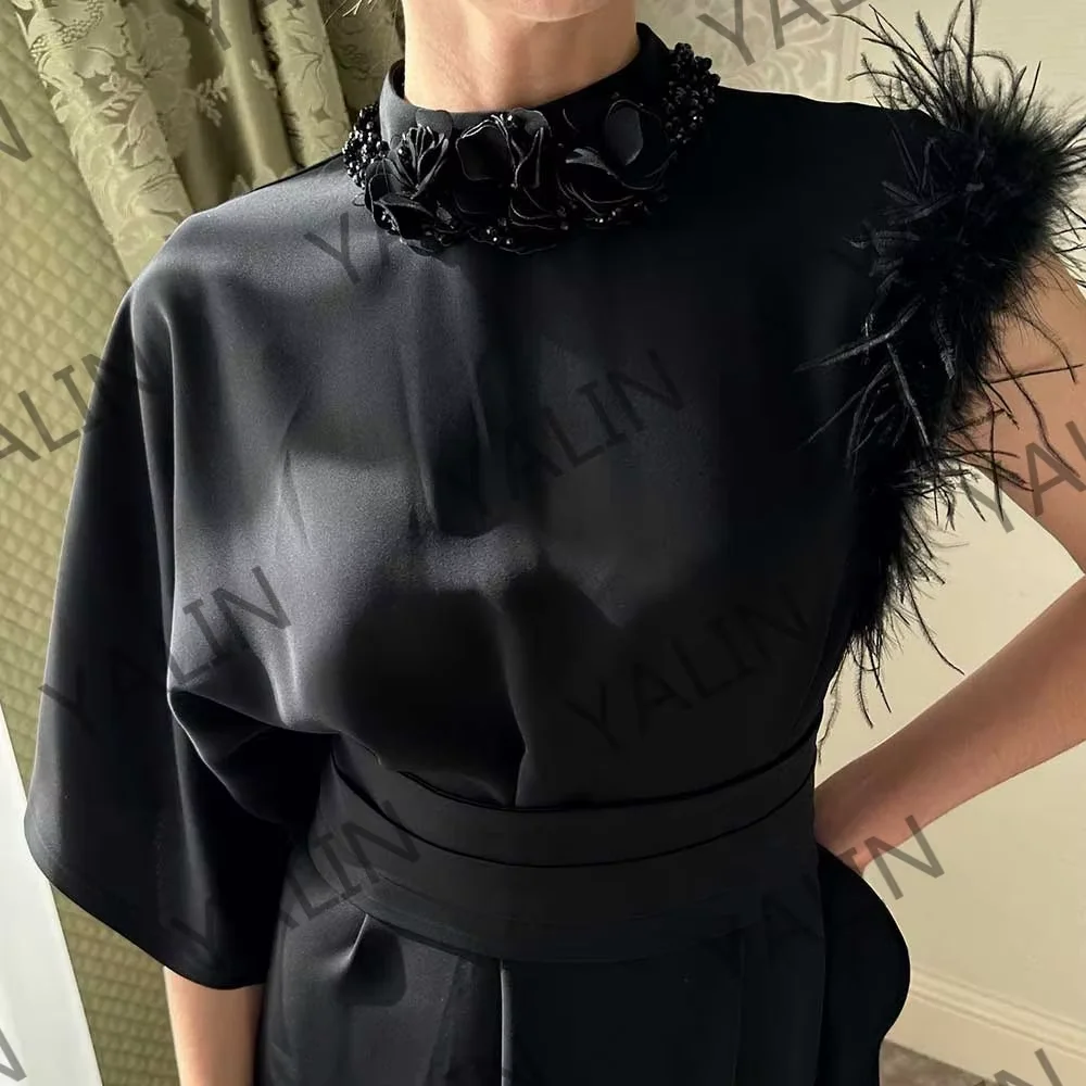 Customized Black Straight Prom Dresses Ankle-Length Half Sleeve High-Neck Evening Dresses Fashion Feathers Beading Draped