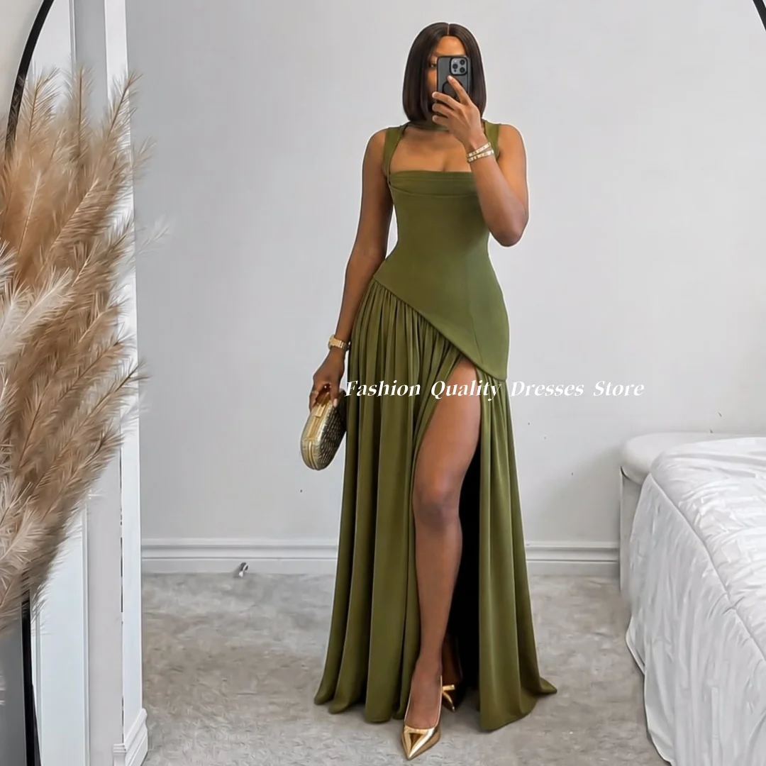 Evening Dress Olive Green Slim Corset Long Dress Square Neck High Slit With Cape Floor Length Host Evening Formal GownCustomized