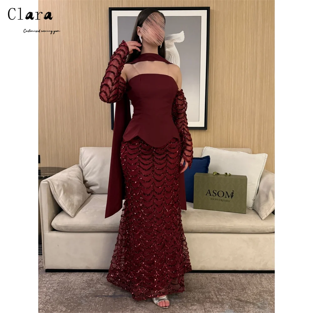 Clara Custom Burgundy Shiny Fishtail Off-shoulder Elegant Evening Dresses for Woman Luxury Women's Elegant Party Dresses 2025