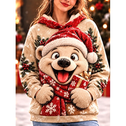 Damen Sweatshirts Patchwork Tasche Druck Grafik Tiermotiv Mode Lässig überdimensional Langarm Mit Kapuze Normale Oberteile Lässig Straße Alltagskleidung Schwarz Rote Beige Frühling Herbst Winter