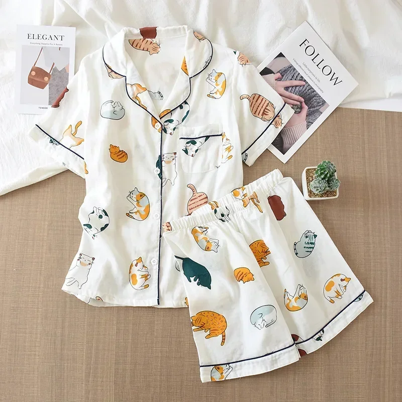 Nouveau pyjama d'été japonais pour femmes, deux pièces, 100% coton gaze, manches courtes, short, motif chat mignon, ensemble de service à domicile pour femmes