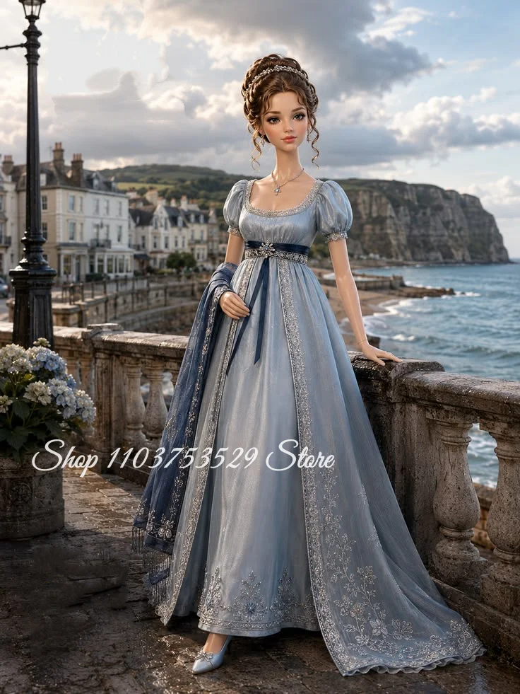 Silver-Gray Square-Neck High-Waisted Empire Evening Gown Customized Sparkling Beaded Vintage Prom Dress Marie Antoinette Gown