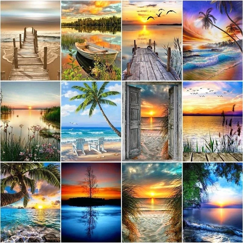 CHENISTORY acrylique bricolage peinture par numéros plage paysage marin peinture acrylique sur toile dessiner coloriage par numéros pour bricolage cadeau