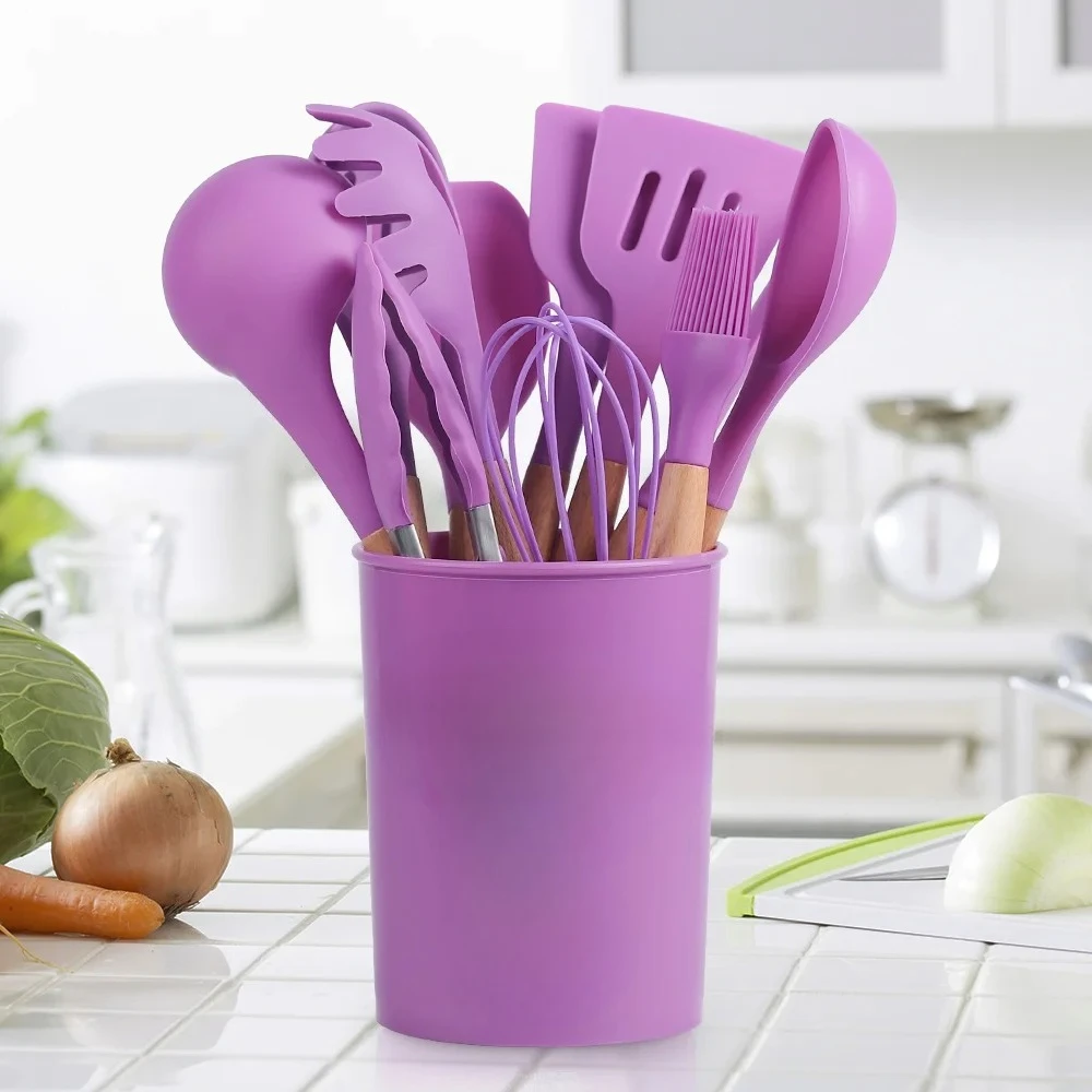 # Pour 12 pièces accessoires de cuisine en Silicone outils de cuisine ustensiles de cuisine Cocina ustensiles de cuisine en Silicone avec manche en bois