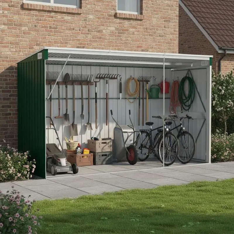 Abri de jardin mural 118 x 288 x 178 cm, fabriqué en acier galvanisé et métal robuste, portes doubles avec fermeture sécurisée, toit incliné avec drainage automatique, rangement pratique, abri de jardin extérieur, abri pour matériel de jardinage