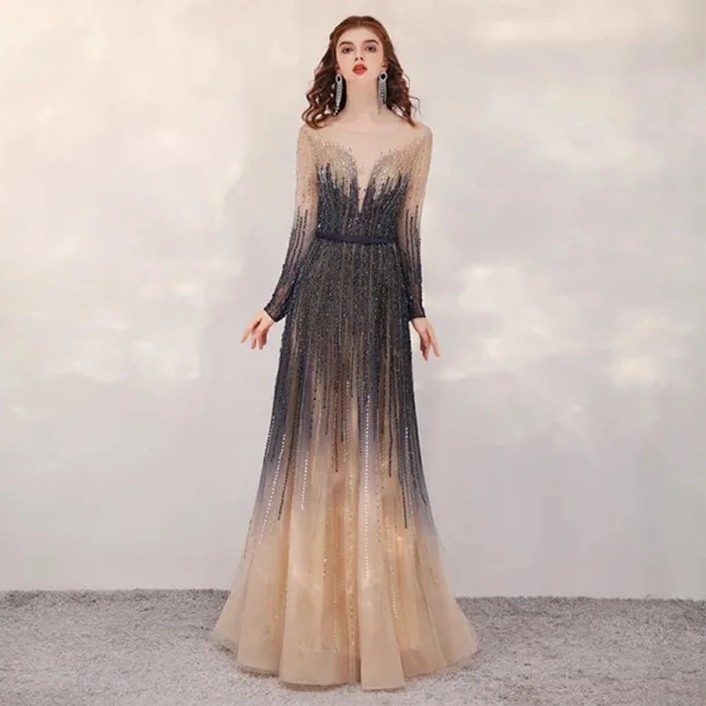 Luxury Beading Tulle Evening Dress Scoop Neck A-Line Floor Length Long Sleeve Illusion Exquisite Customized Handmade فساتين سهرة