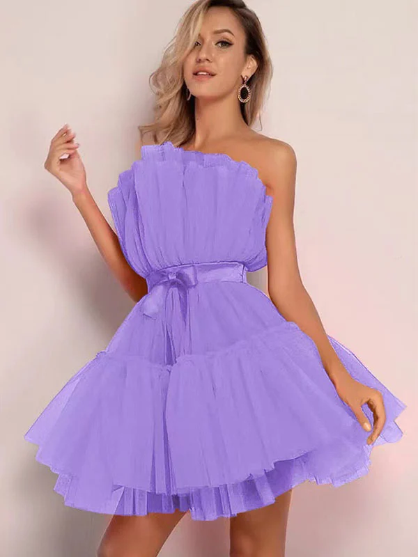 Customized Retro Tulle Pleat Sash Bow A-line Strapless Mini Dresses Bespoke Occasion Dresses Modern Style Simple Sizes Available